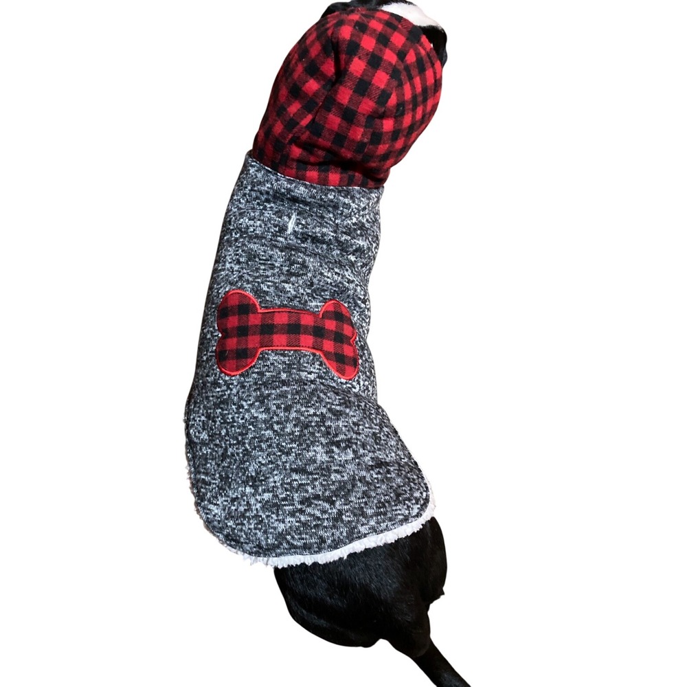 Doodle & Co L‎ Dog Coat Hoodie Buffalo Plaid Bone Gray Red Pet Sherpa Lined